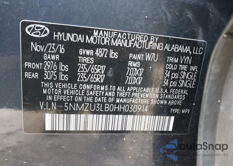 2017 Hyundai Santa Fe Sport 2.4L z USA, uszkodzony, nr VIN 5NMZU3LB0HH030914